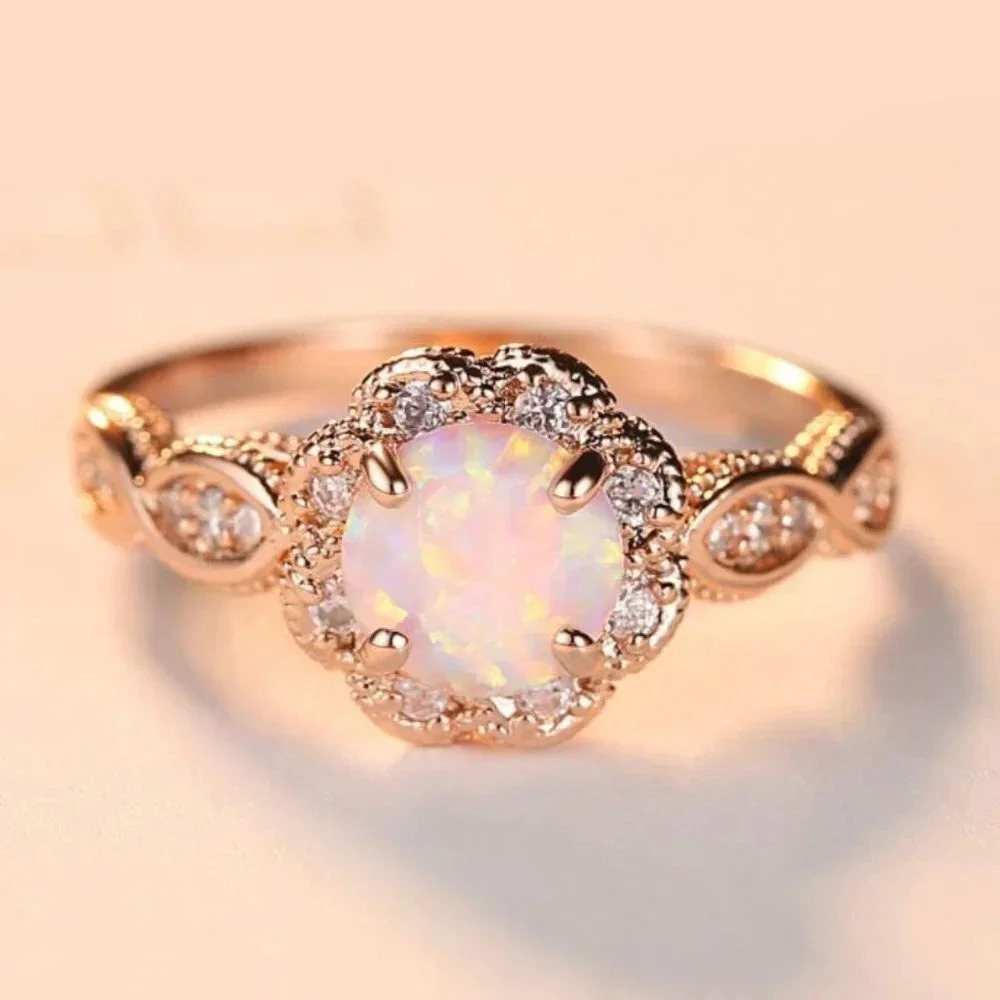 NEW Rose Gold Round Opal Diamond Halo Twist Ring